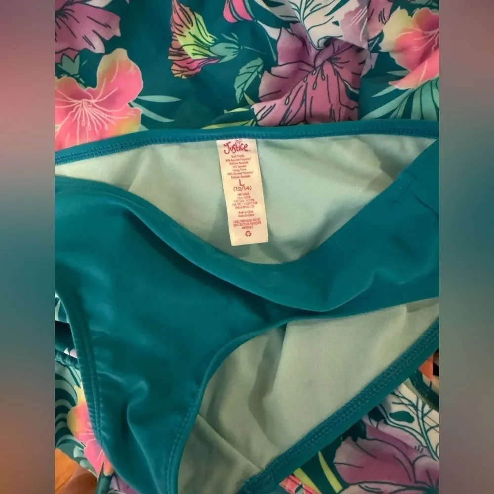 Girls Justice 3 piece set swim suit teal and floral and shorts size Large